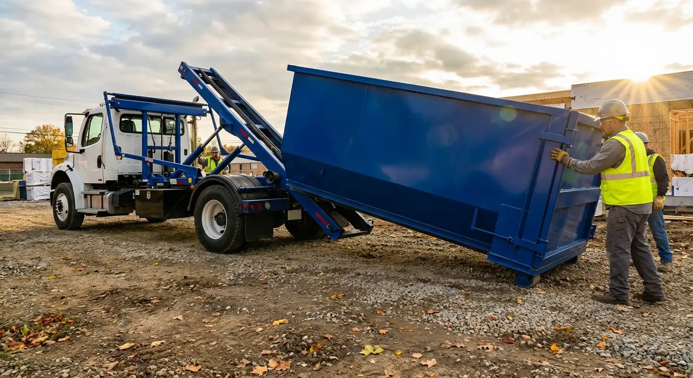 Construction dumpster delivery truck at job site in Belton, TX