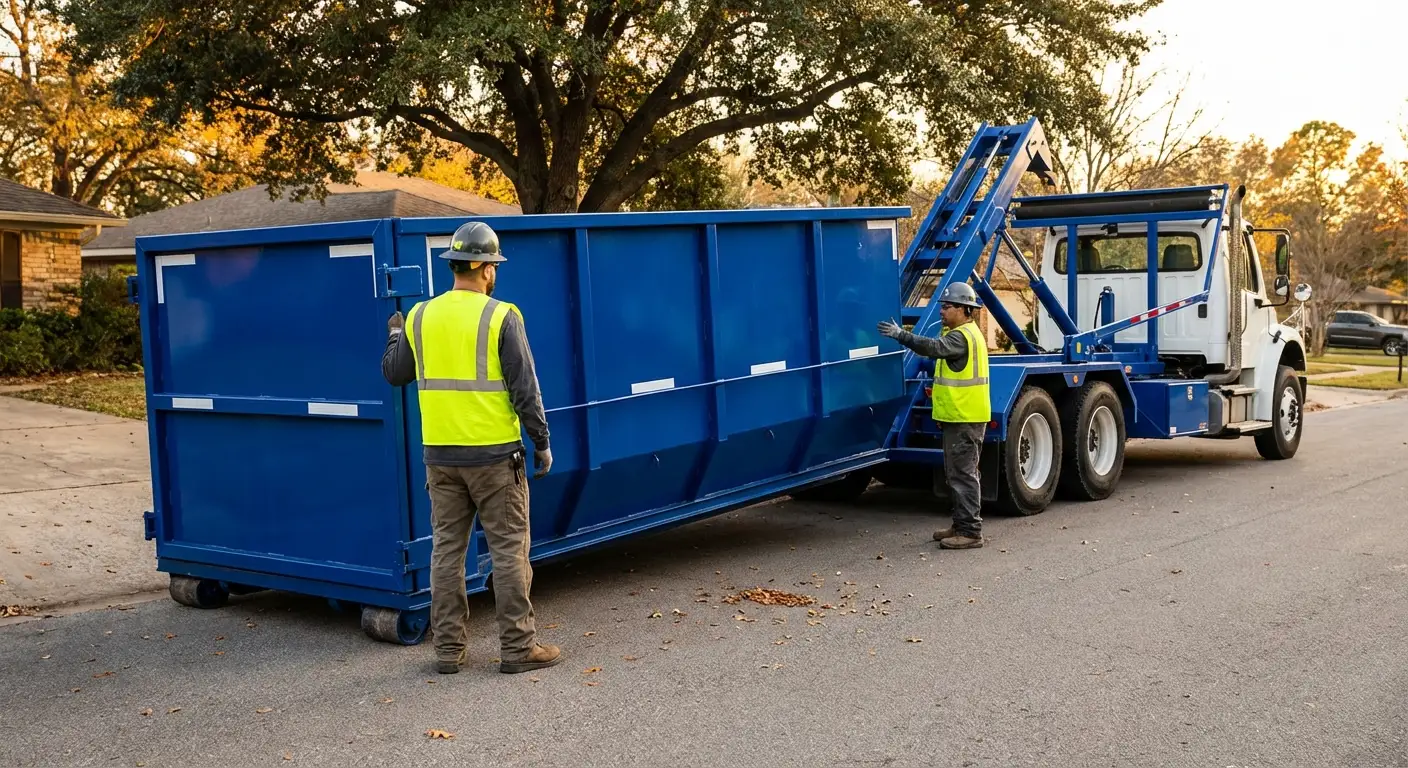 Roll-off dumpster delivery truck in operation in Belton, TX