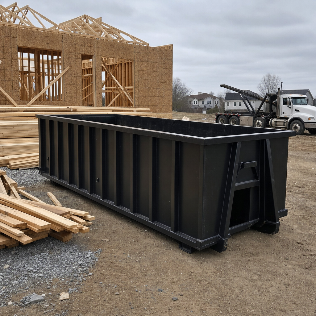 Matte-black 40-yard roll-off dumpster staged on a framed-out residential construction site in Belton, framing lumber stacked nearby, hooklift delivery truck visible in the background under bright Colorado daylight