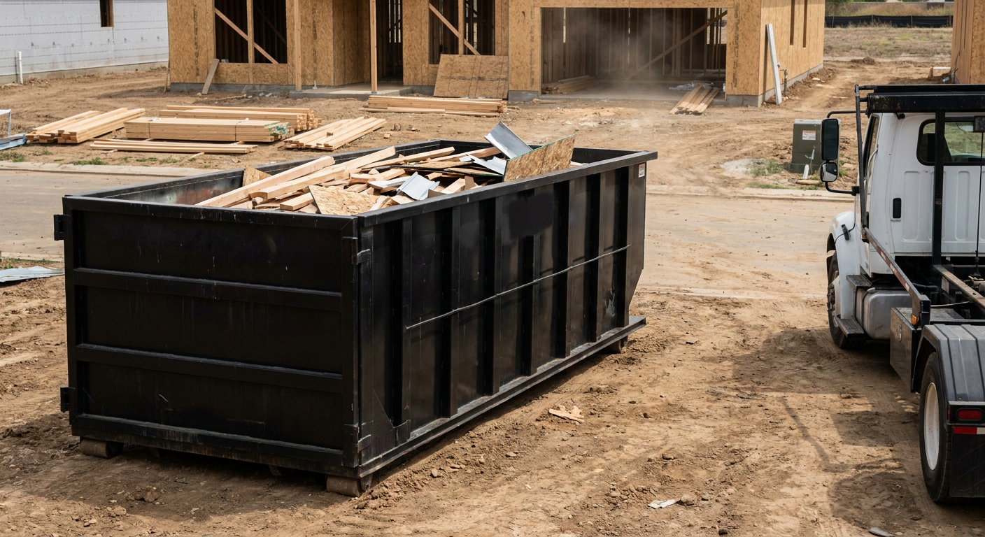 Matte-black 20-yard roll-off construction dumpster with heavy ribbed steel sidewalls and swing rear doors at a working jobsite in Belton, sitting directly on compacted dirt with an unmarked white hauler partially visible at the far edge of the frame.