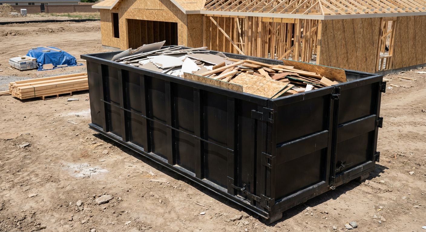 Matte-black 30-yard roll-off construction dumpster sitting directly on the compacted-dirt site of a framed single-family home build in Belton, drywall and lumber scrap loaded inside.