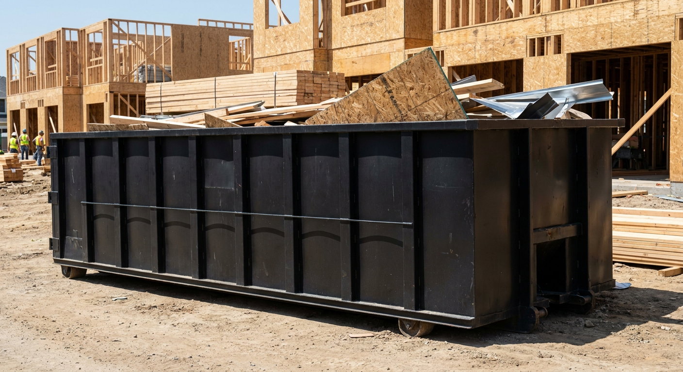 Matte-black 40-yard roll-off construction dumpster being lowered from a white-cab hooklift delivery truck onto the compacted-dirt jobsite at a commercial build site in Belton