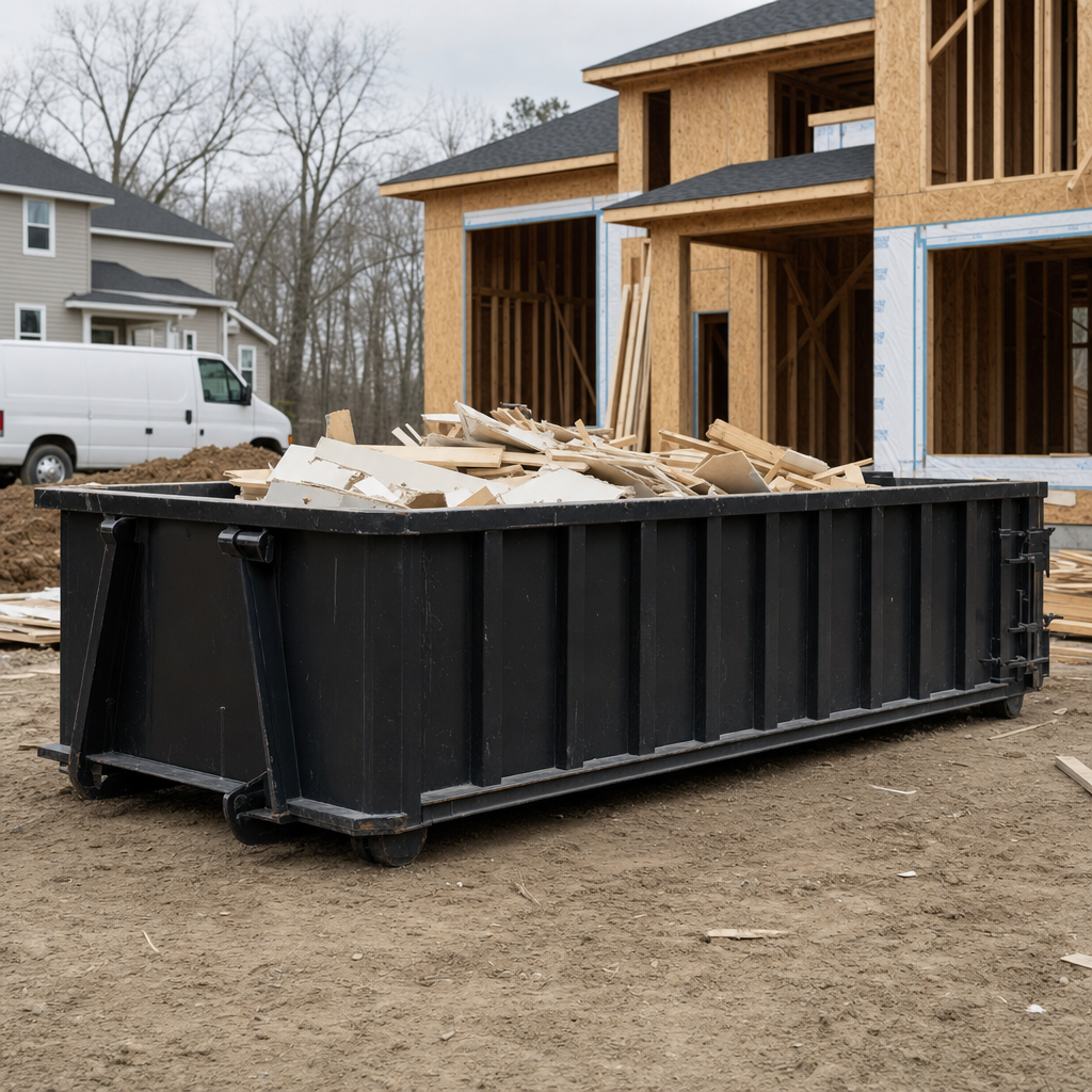 Worker in a yellow high-visibility vest tossing framing lumber and broken drywall into a matte-black 30-yard construction roll-off dumpster on an active build site in Belton, bright daylight