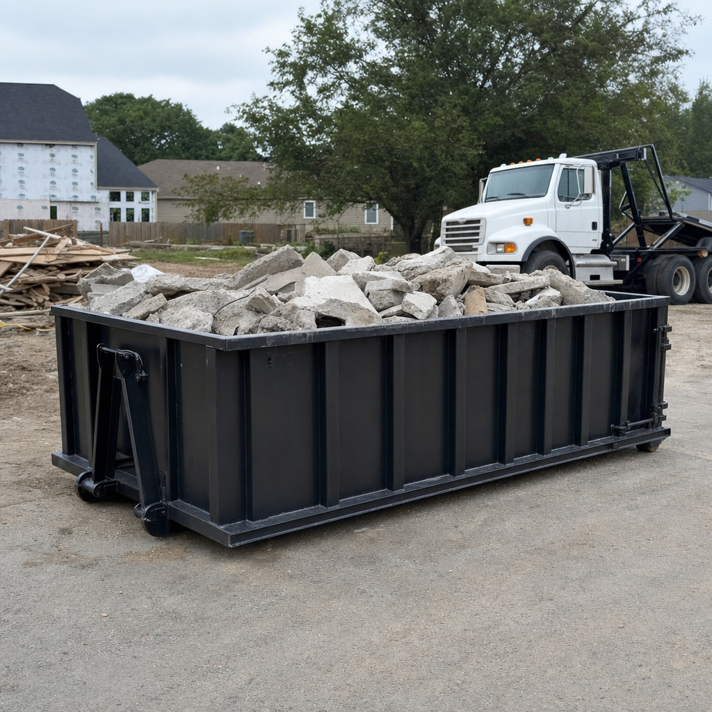 Low-profile matte-black lowboy roll-off dumpster loaded with broken concrete slab and rebar at a foundation tear-out in Belton, skid steer parked beside it, sunny Colorado morning