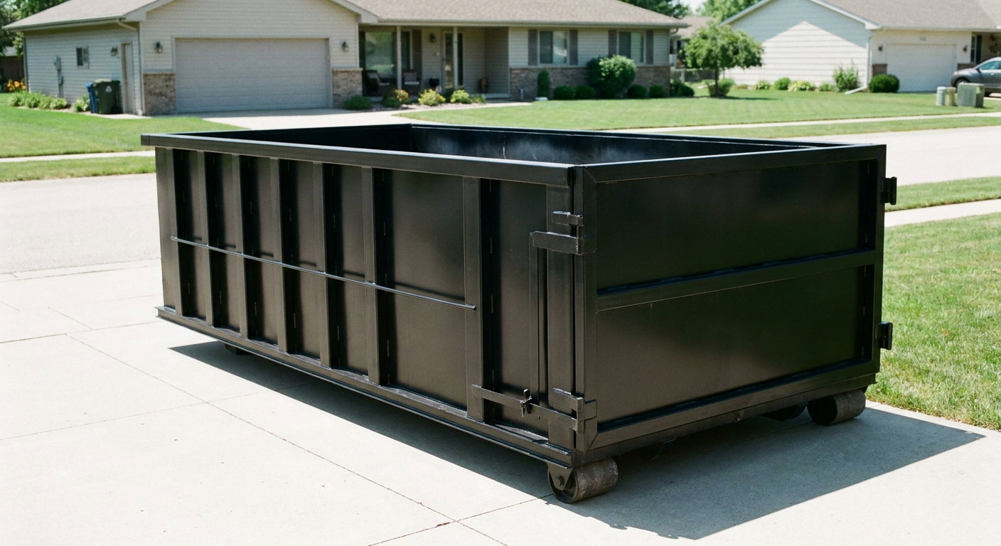 Matte-black 10-yard roll-off dumpster on a residential concrete driveway in Belton, uniformly painted matte black across every panel and rail, ribbed steel sidewalls and rear swing door visible, mid-day daylight.