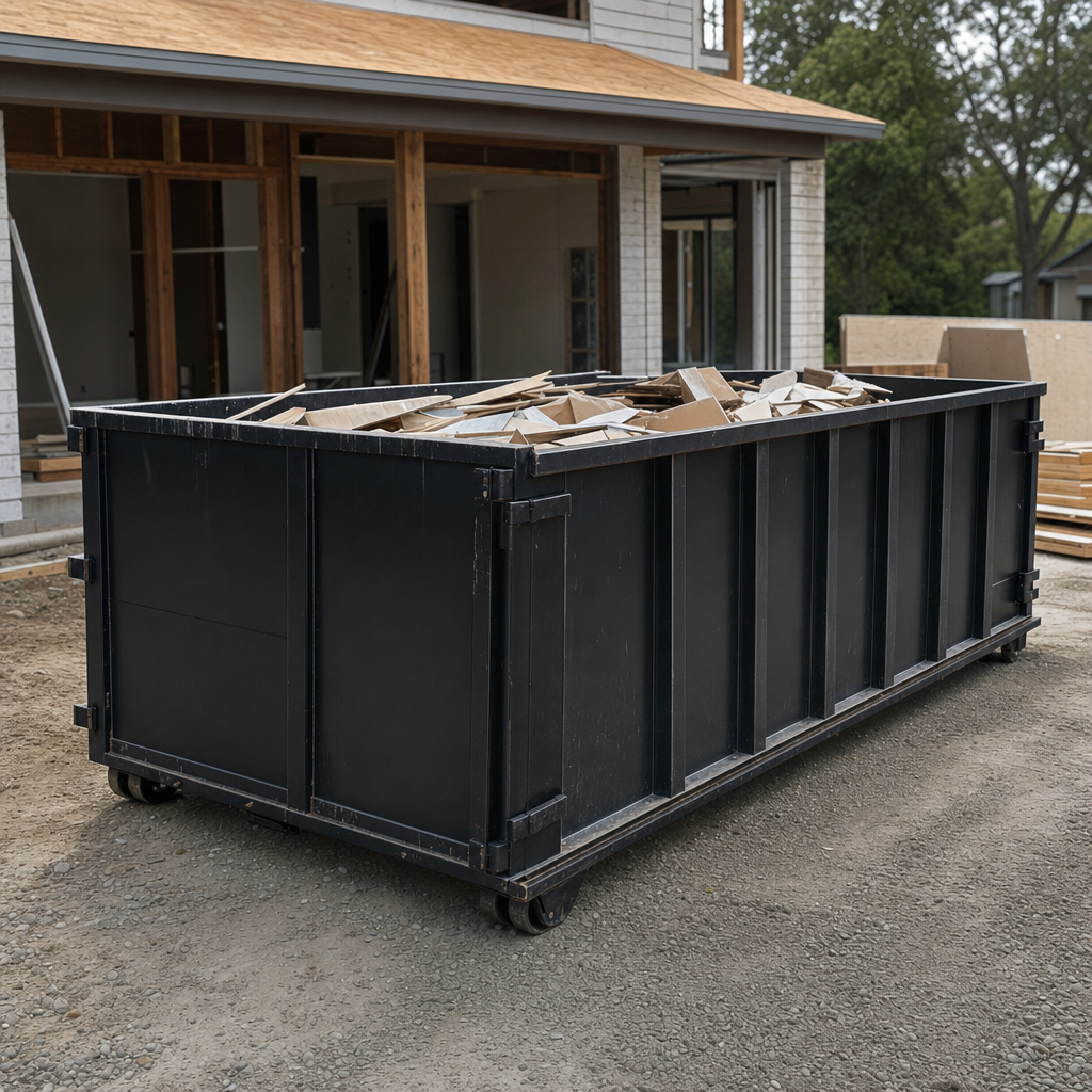 Large matte-black 30-yard construction roll-off dumpster at an active Belton jobsite, steel-gray top rails and bottom rollers visible, loaded with construction debris.