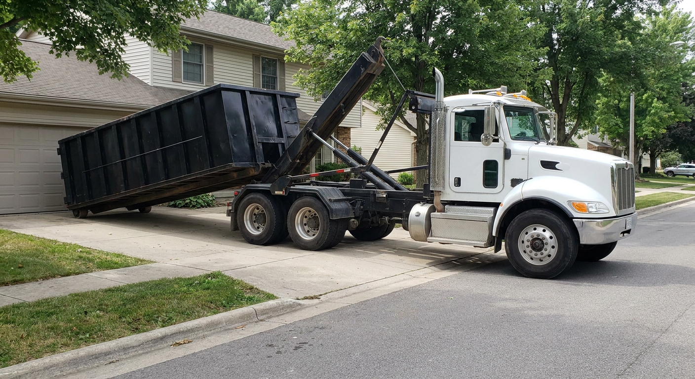 White-cab hooklift roll-off truck actively lowering a matte-black dumpster onto a Belton residential concrete driveway, the dumpster's rear wheels touching the driveway as the hoist arm tilts the bed forward, mid-morning daylight.