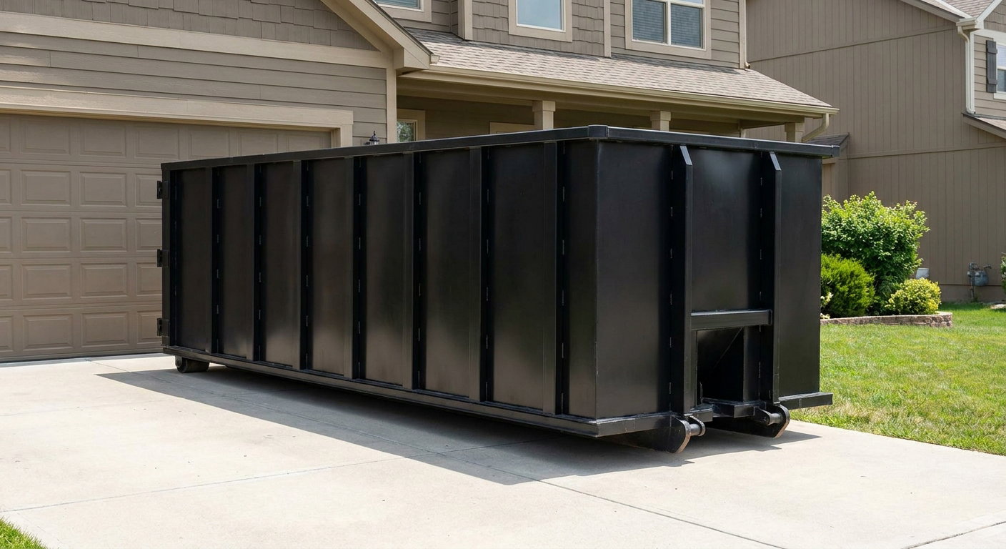 Matte-black residential roll-off dumpster sitting directly on a suburban Belton concrete driveway, garage door closed, single-family home in background, bright morning daylight.