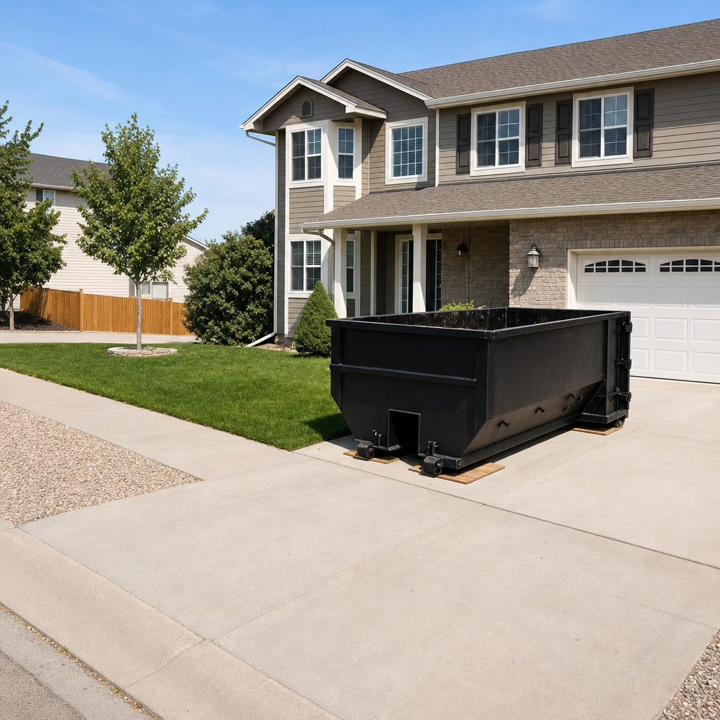 10-yard matte-black residential dumpster placed directly on a narrow Belton concrete driveway, room remains for a parked sedan beside it, mid-morning natural light