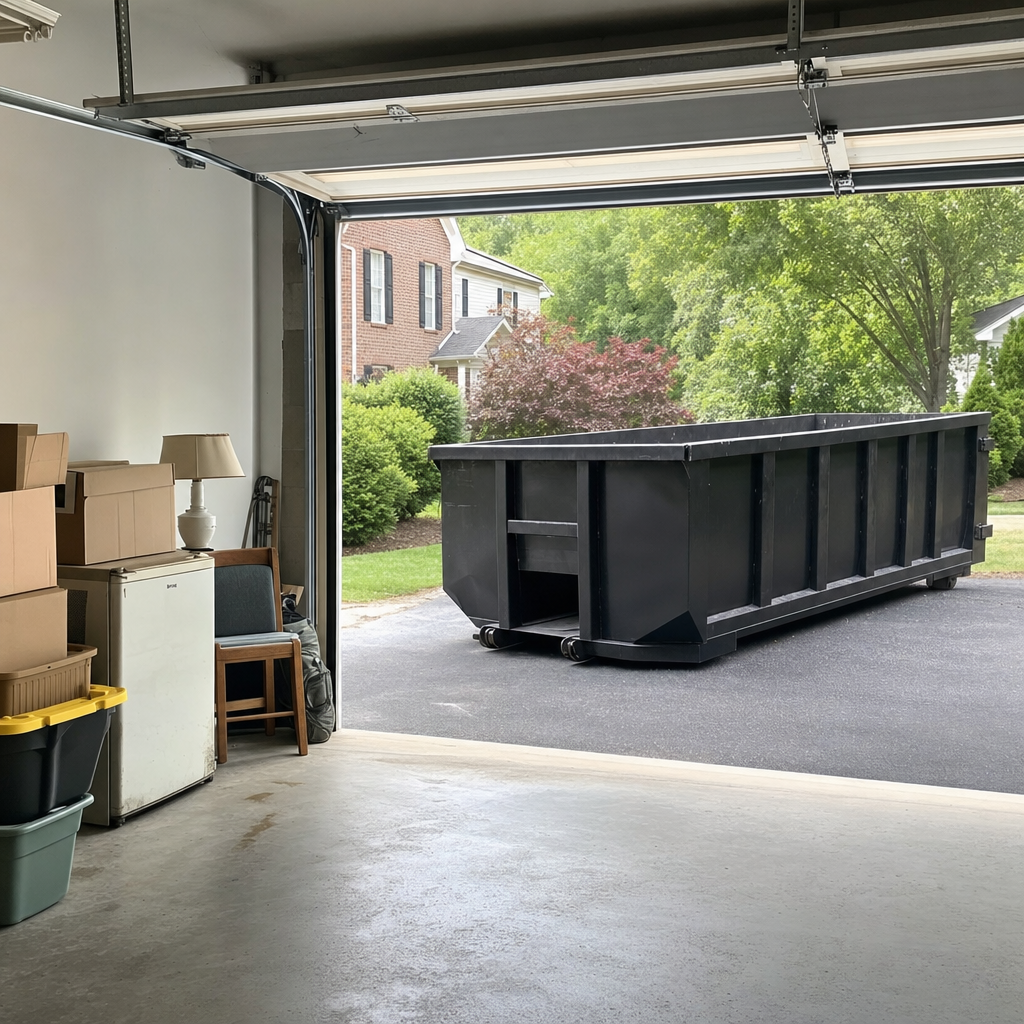 Open garage interior in a Belton home mid-cleanout — boxed items, an old appliance, and stacked yard tools queued near the driveway for a matte-black roll-off dumpster, organized and calm