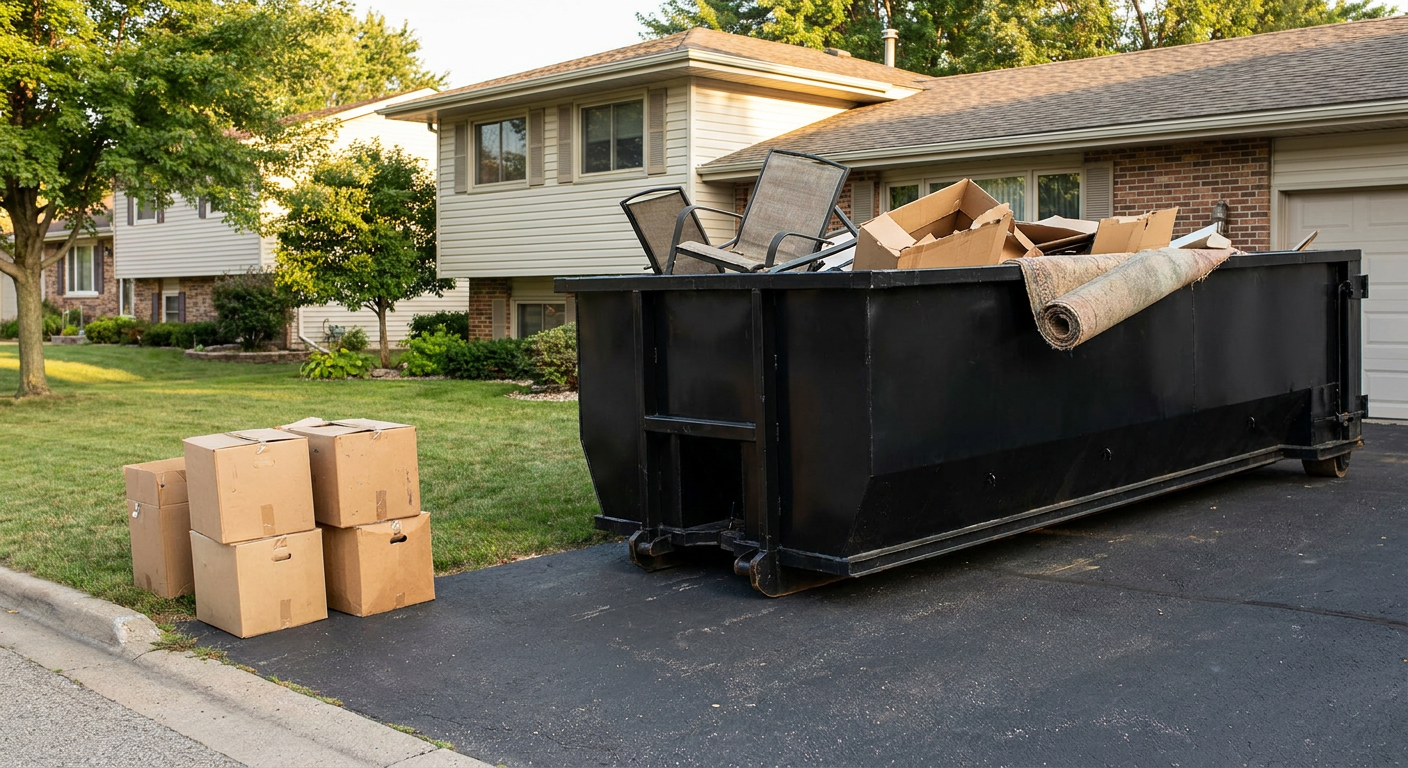 Front-yard view of a Belton split-level home with a 20-yard matte-black roll-off dumpster sitting directly on the asphalt driveway, a few clearly labeled donation boxes staged at the curb, calm sunny afternoon.