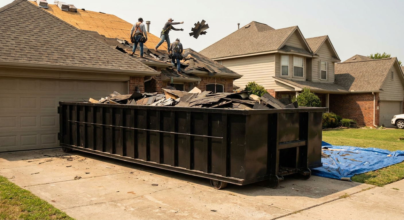 Matte-black roofing roll-off dumpster placed directly on a Belton residential concrete driveway, a tear-off crew on a two-story asphalt-shingle roof tossing shingle bundles into the low-walled container, bright daylight, documentary 35mm perspective.