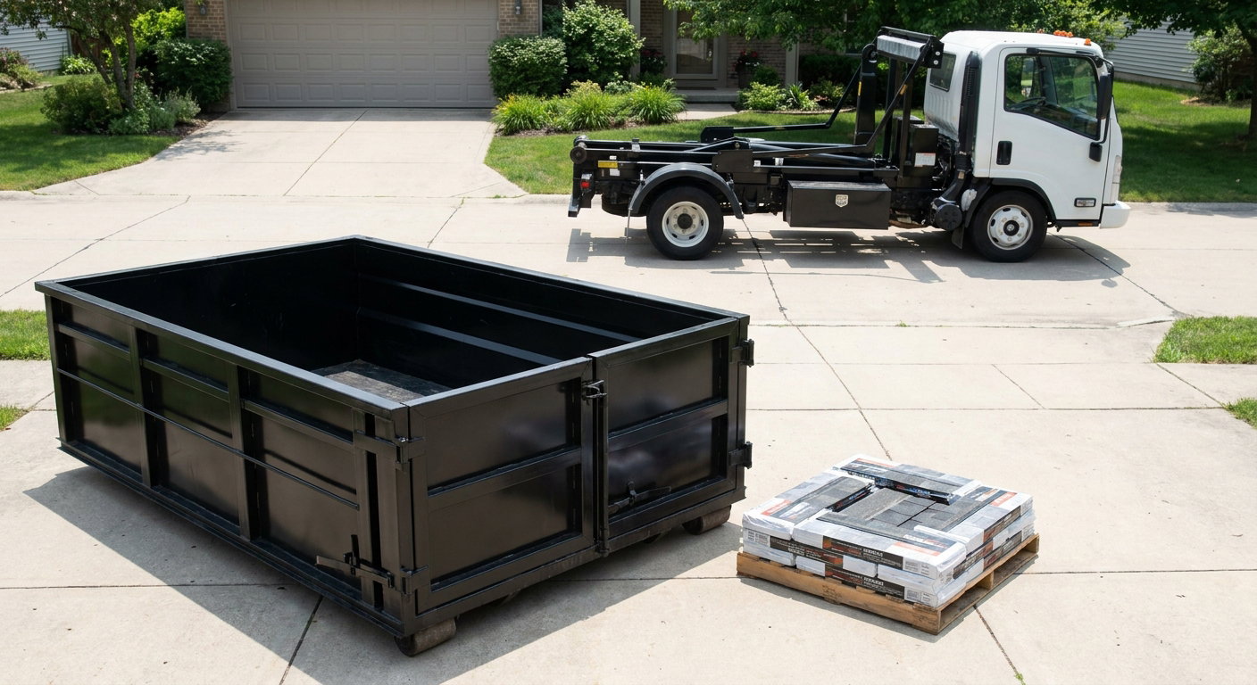 Matte-black 15-yard roofing roll-off dumpster with reinforced low side walls sitting directly on a Belton residential concrete driveway, three-tab asphalt shingle bundles stacked nearby, an unmarked white hauler truck partially visible at the edge of the frame.