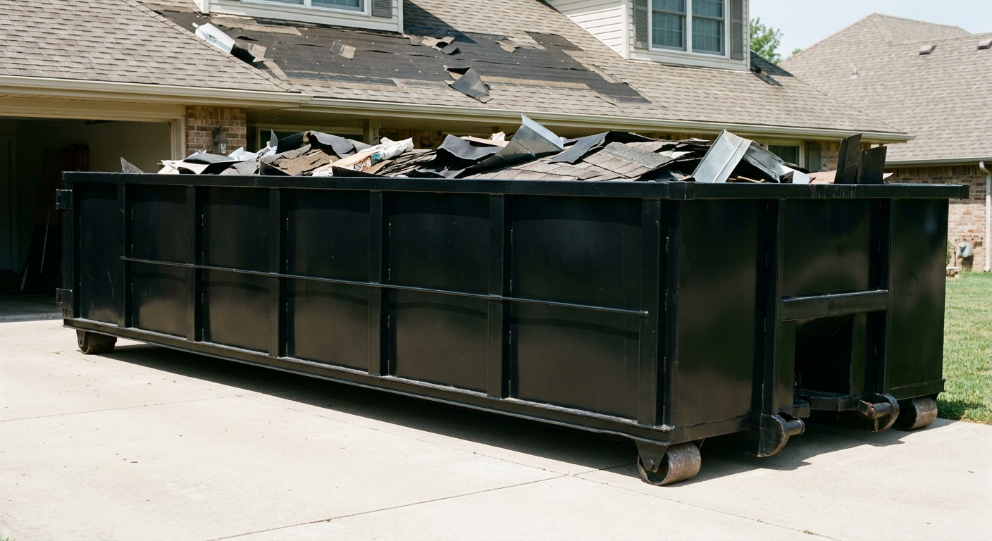 Matte-black 20-yard roofing roll-off dumpster with steel ribbed sides and swinging rear door, sitting directly on the concrete driveway of a two-story Belton home, asphalt shingle debris being loaded over the low wall, clean documentary lighting.