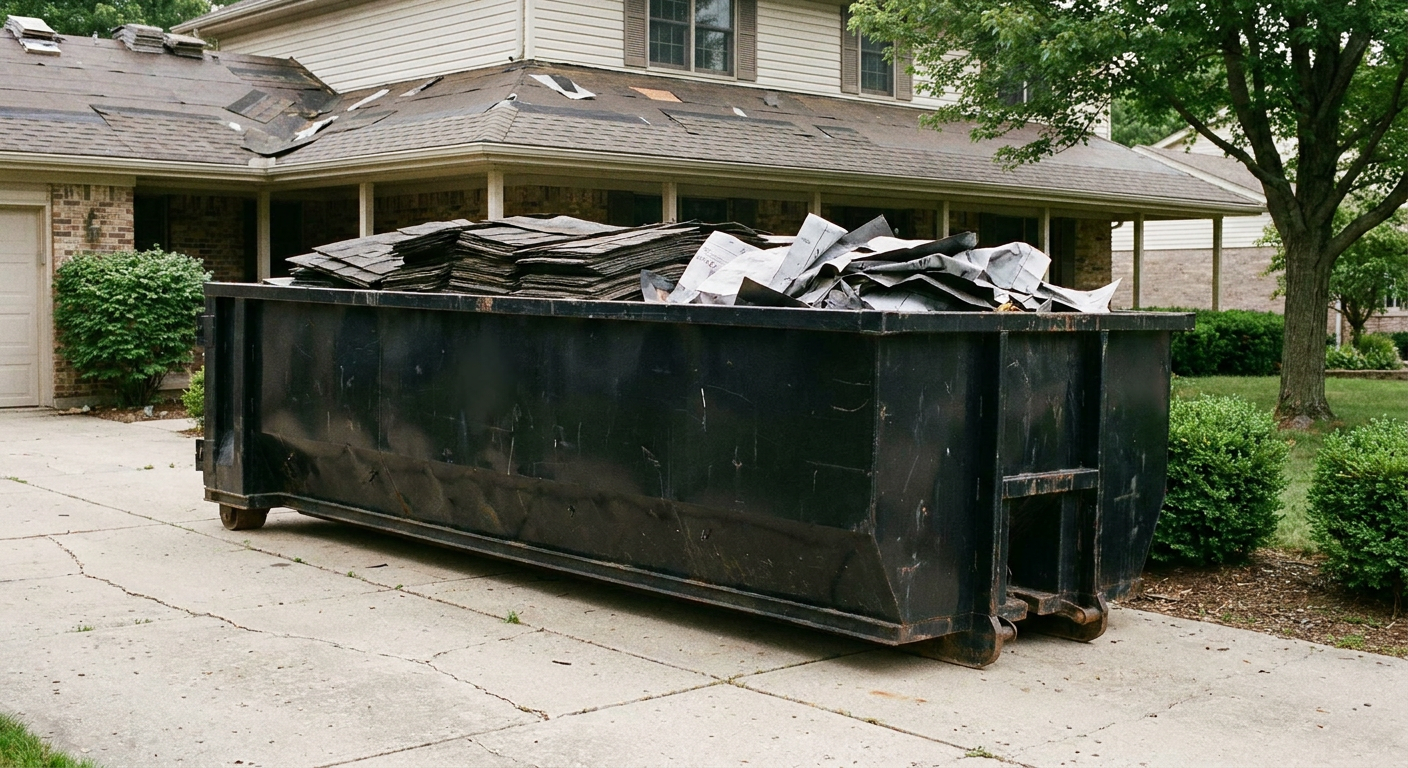 Matte-black 30-yard roofing roll-off dumpster sitting directly on a Belton concrete driveway, taller ribbed steel side panels, mixed tear-off debris of asphalt shingles and underlayment inside, professional documentary daylight.
