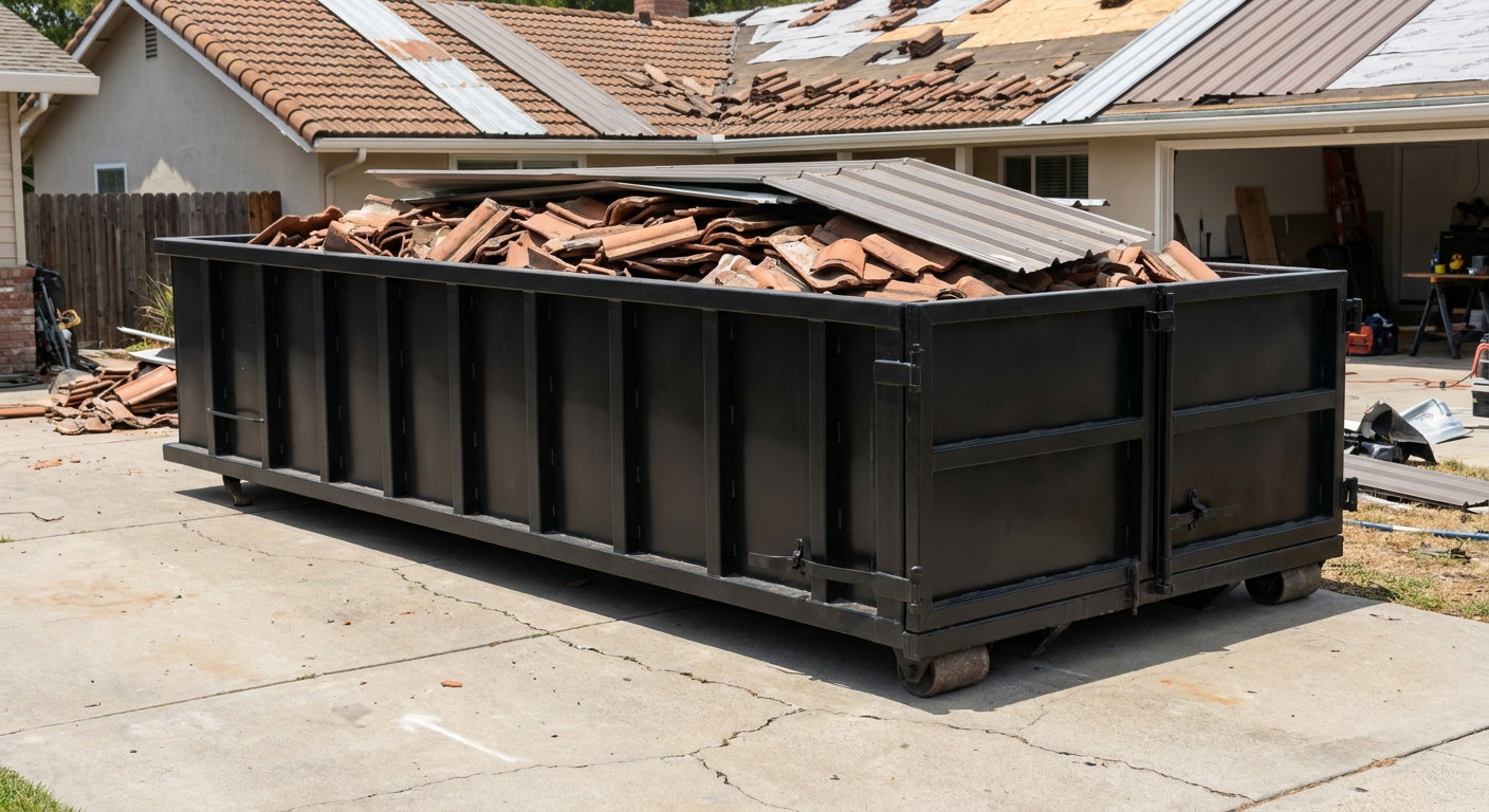 Matte-black low-wall heavy-debris roofing roll-off dumpster sitting directly on a Belton concrete driveway, broken concrete clay roof tiles and metal panel sections loaded inside, reinforced ribbed steel side walls visible, bright outdoor daylight.