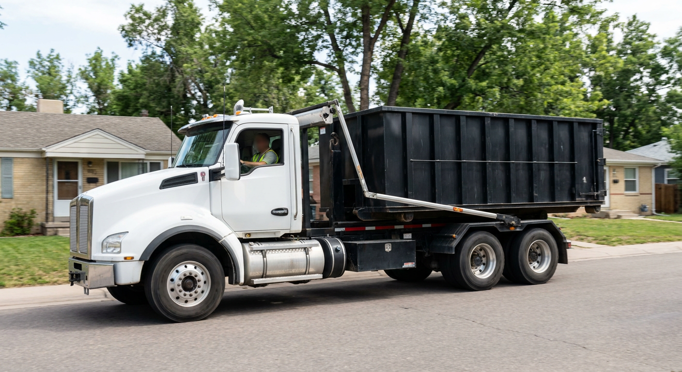 A wide documentary shot of a matte-black roll-off delivery truck pulling onto a quiet Belton residential street at mid-morning, with neighborhood rooftops and tree-lined blocks visible behind, showing the metro coverage footprint.