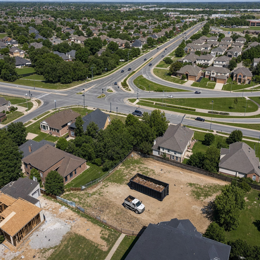 An overhead documentary view of the Belton metro area at midday, showing the spread of neighborhoods, arterial roads, and the dispatch radius from a central yard — clean daylight, organized geographic layout.