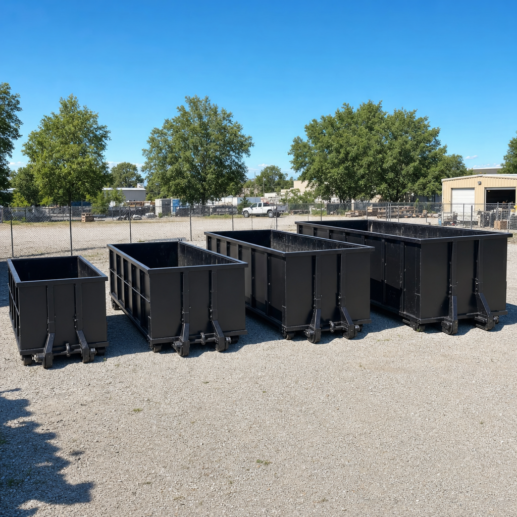 A clean lineup of matte-black roll-off dumpsters in 10, 20, 30, and 40-yard sizes staged on a sunlit gravel yard in Belton, showing the size progression from compact to commercial-scale containers.