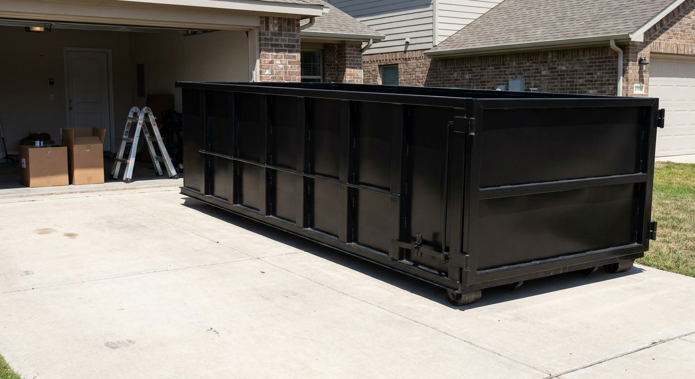 A matte-black 10-yard roll-off dumpster sitting directly on a residential Belton concrete driveway, mid-day sunlight, clean and ready for a garage cleanout.