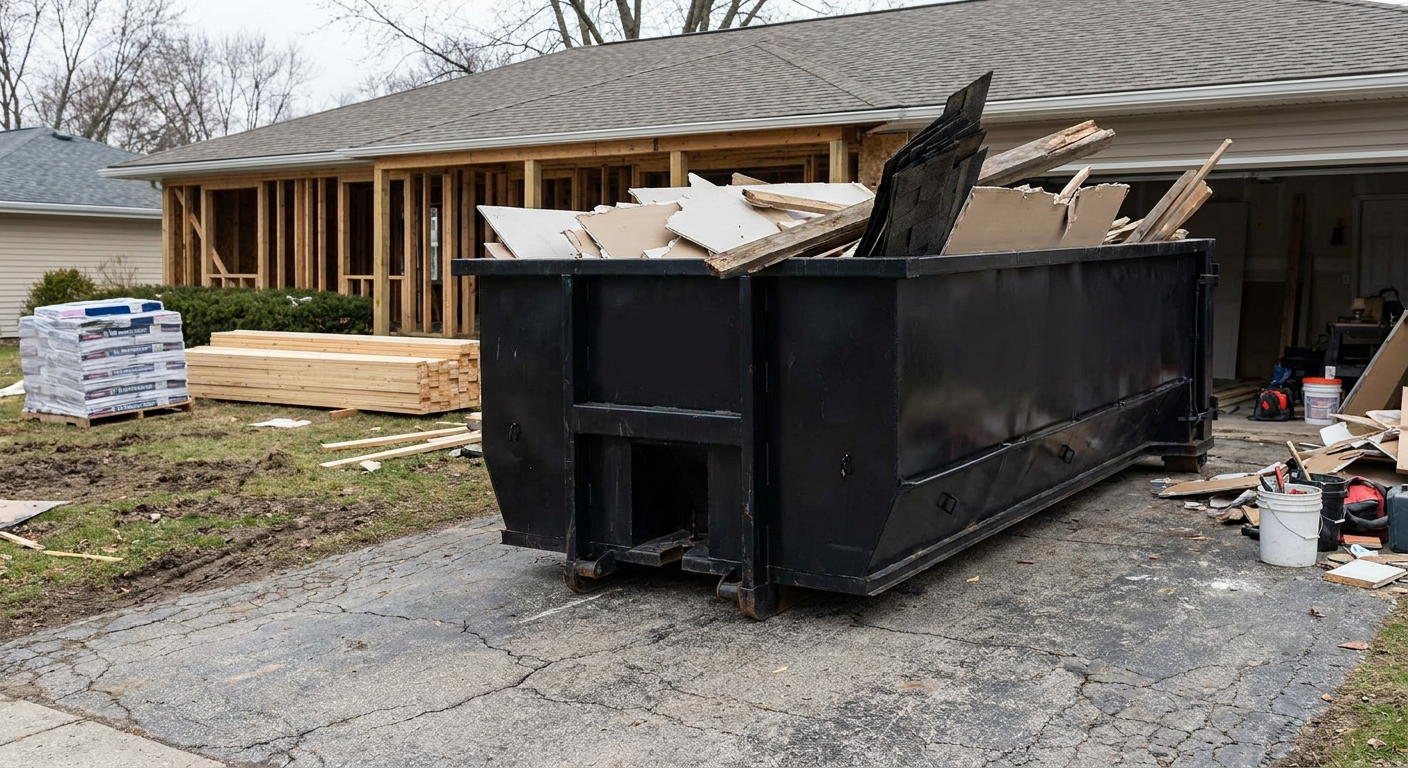 A matte-black 20-yard roll-off dumpster placed alongside a mid-renovation Belton home directly on the asphalt driveway, with framing materials and torn-off shingles staged neatly nearby.