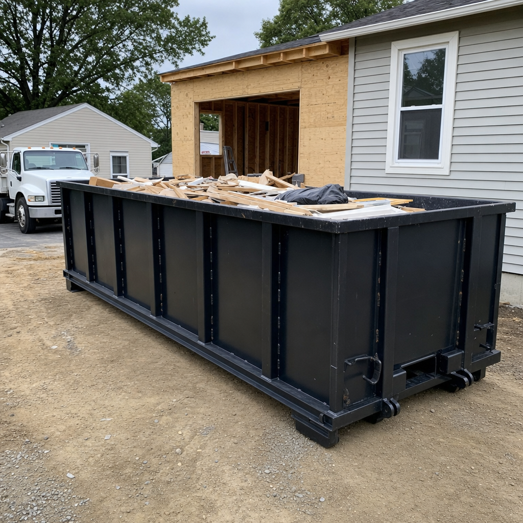 A matte-black 30-yard roll-off dumpster positioned at a Belton residential addition jobsite, with framing lumber and drywall scraps loaded through the open swinging rear doors.