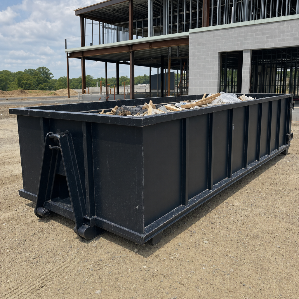 A matte-black 40-yard roll-off dumpster staged on a large Belton commercial construction lot, with a hooklift delivery truck parked alongside under bright midday sky.