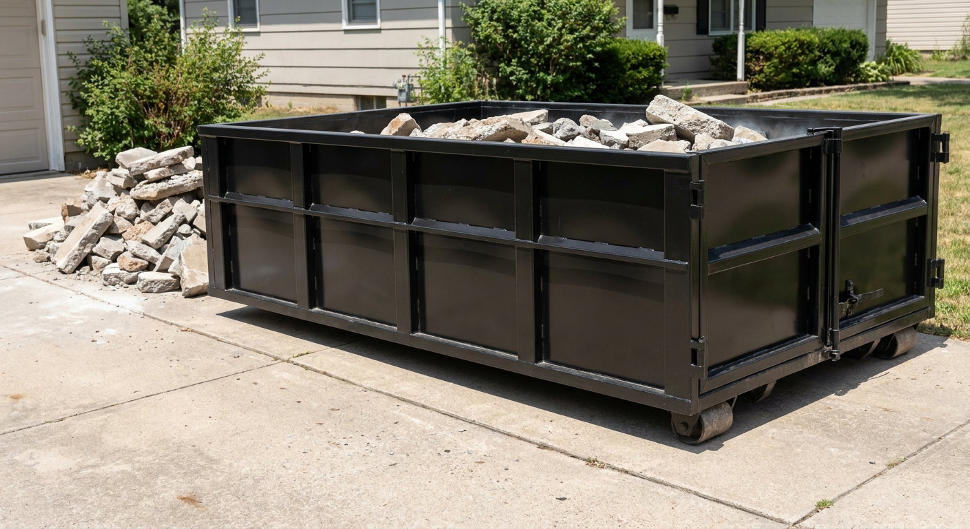 A matte-black low-side heavy-debris roll-off dumpster placed directly on a Belton concrete driveway, with broken concrete chunks neatly stacked beside it under clean daylight.